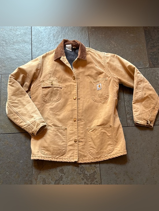 Carhartt Other - Vintage distressed Carhartt men’s  Tan Utility Jacket with Brown Corduroy Collar